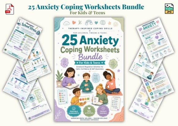 25 Anxiety Coping Worksheets Bundle for Kids & Teens
