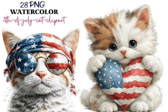 Watercolor 4th of July Cat PNG: Festive Clipart for Your Projects