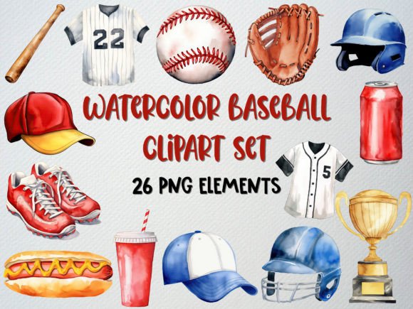 Watercolor Baseball Clipart Set: 26 High-Quality PNGs for Your Designs