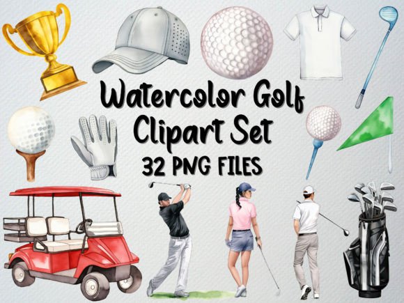 Watercolor Golf Clipart Set: 32 High-Quality PNGs for Creative Projects