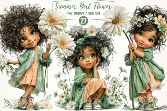 Whimsical Summer Girl Flower Clipart for Creative Projects