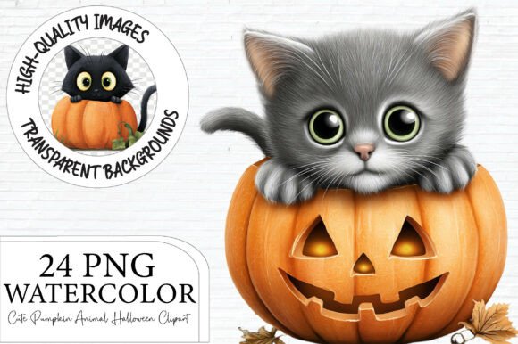 Whimsical Watercolor Halloween Pumpkin Animal Clipart for Creatives